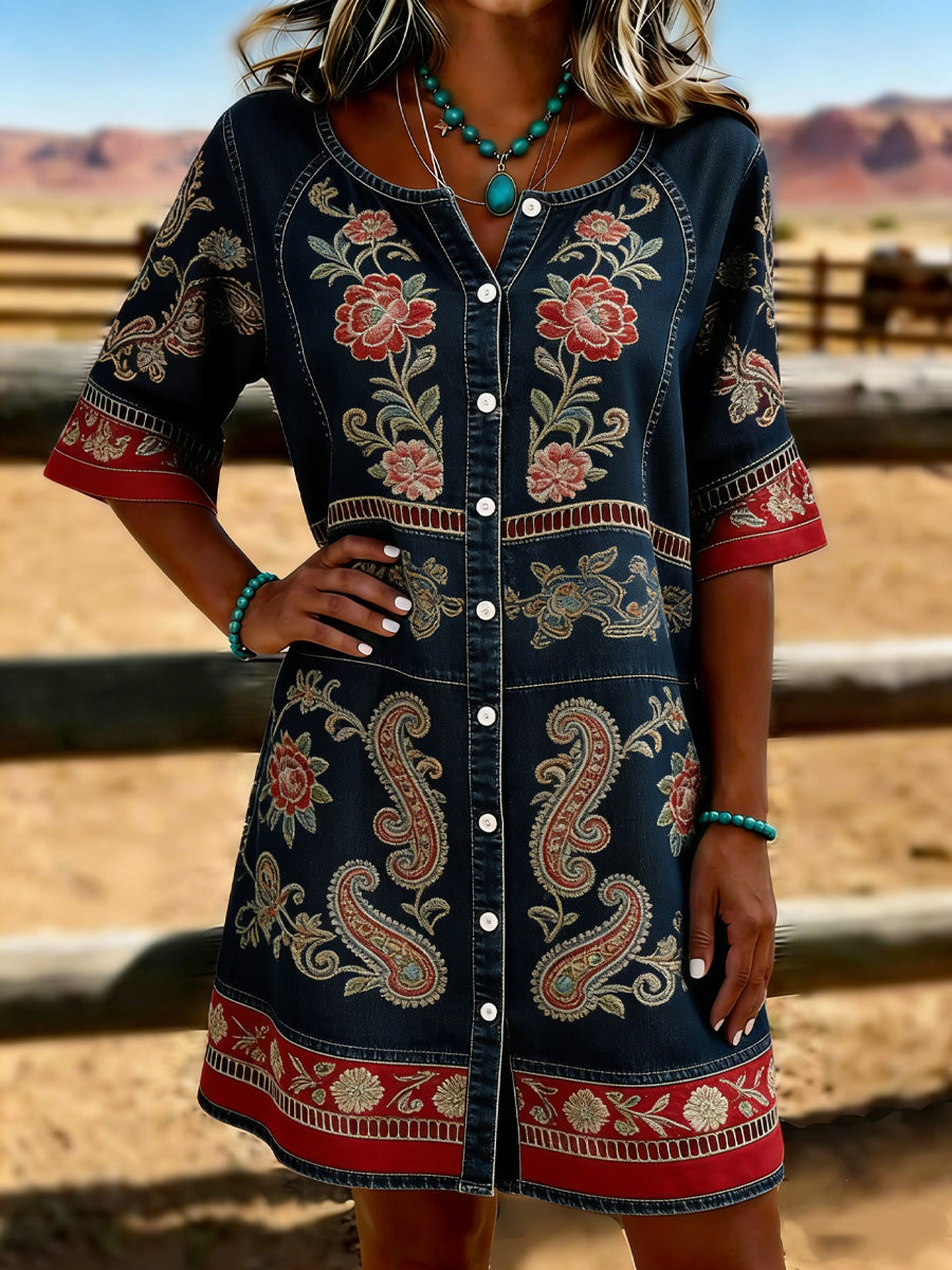 Retro Paisley Flowers Art Vintage Print Casual Hollow-Out Denim Dress